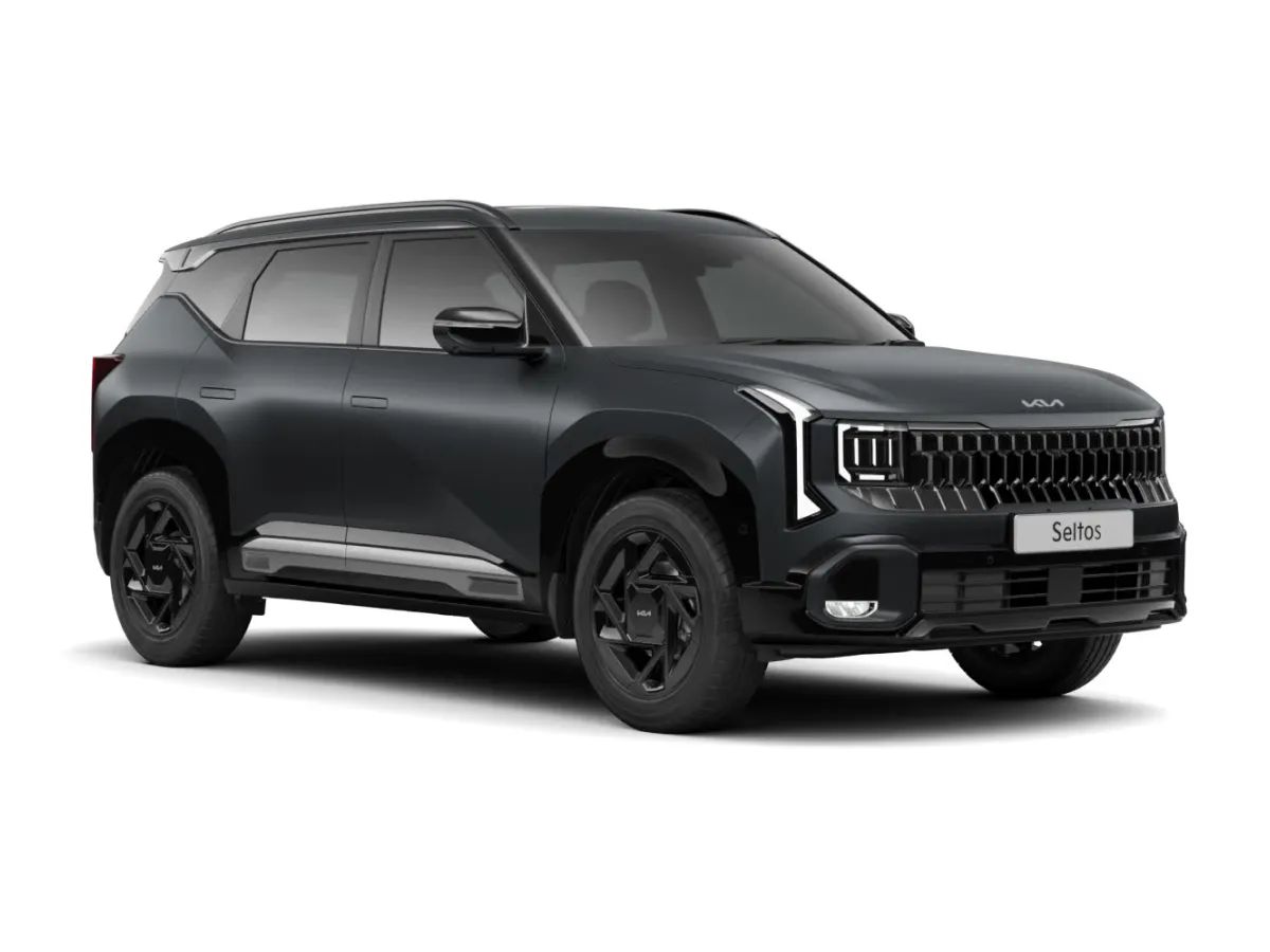 Front three-quarter view of black Kia Seltos X-Line SUV with sporty stance and LED headlights